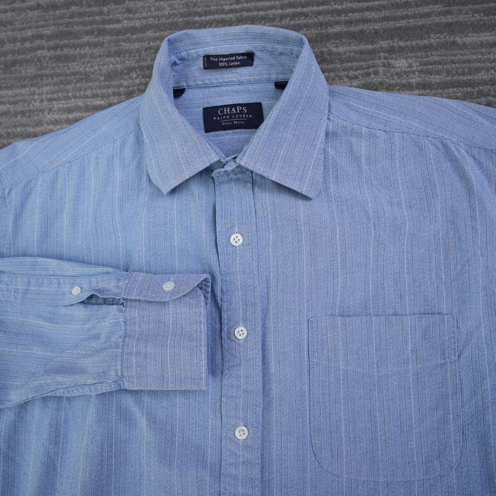 Chaps Ralph Lauren Shirt Men Button Up Blue Striped Cotton Long Sleeve 15.5 33
